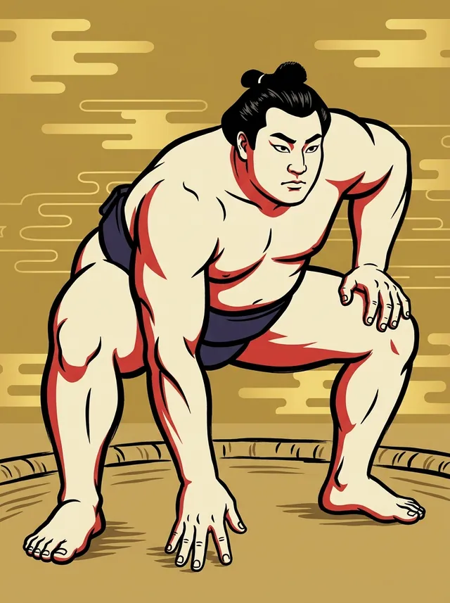 AI-generated illustration of a representative sumo wrestler. Not a photograph or a likeness of Takarafuji Daisuke.