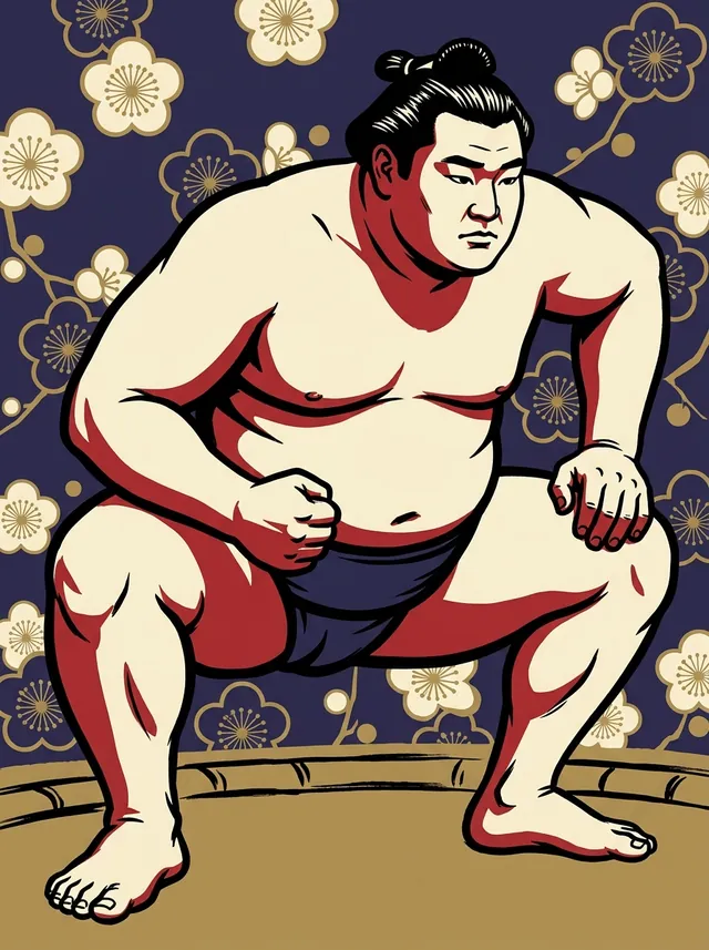 AI-generated illustration of a representative sumo wrestler. Not a photograph or a likeness of Takanofuji Sanzo.