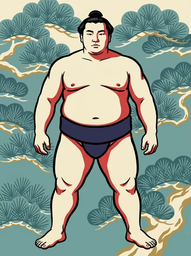 AI-generated illustration of a representative sumo wrestler. Not a photograph or a likeness of Shodai Naoya.