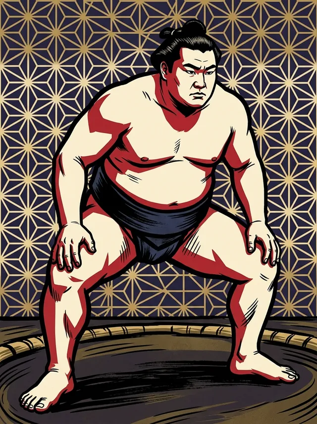 AI-generated illustration of a representative sumo wrestler. Not a photograph or a likeness of Kenko Satoshi.
