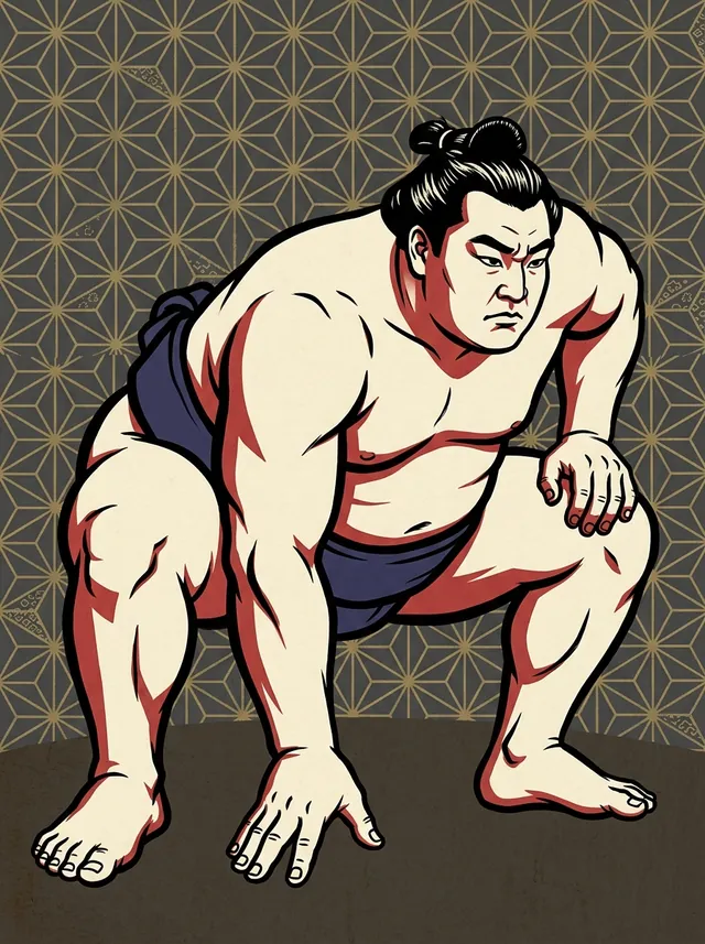 AI-generated illustration of a representative sumo wrestler. Not a photograph or a likeness of Fujitensei Maaru.