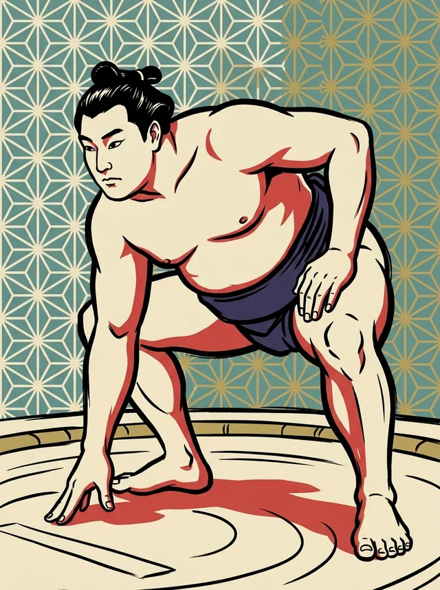 AI-generated illustration of a representative sumo wrestler. Not a photograph or a likeness of Kyokudozan Kazuyasu.