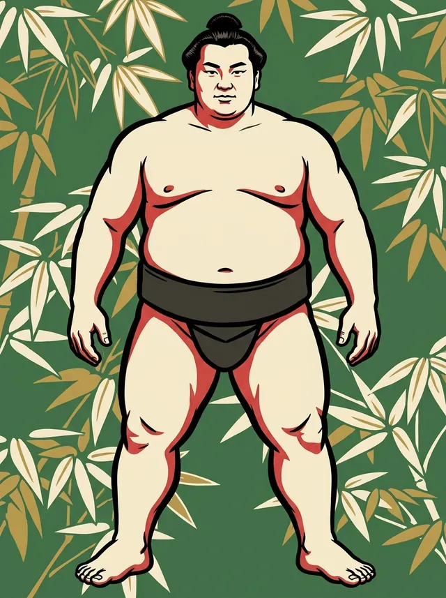 AI-generated illustration of a representative sumo wrestler. Not a photograph or a likeness of Tachihikari Denemon.