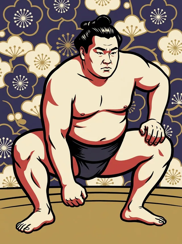 AI-generated illustration of a representative sumo wrestler. Not a photograph or a likeness of Kotonomine Tokumi.