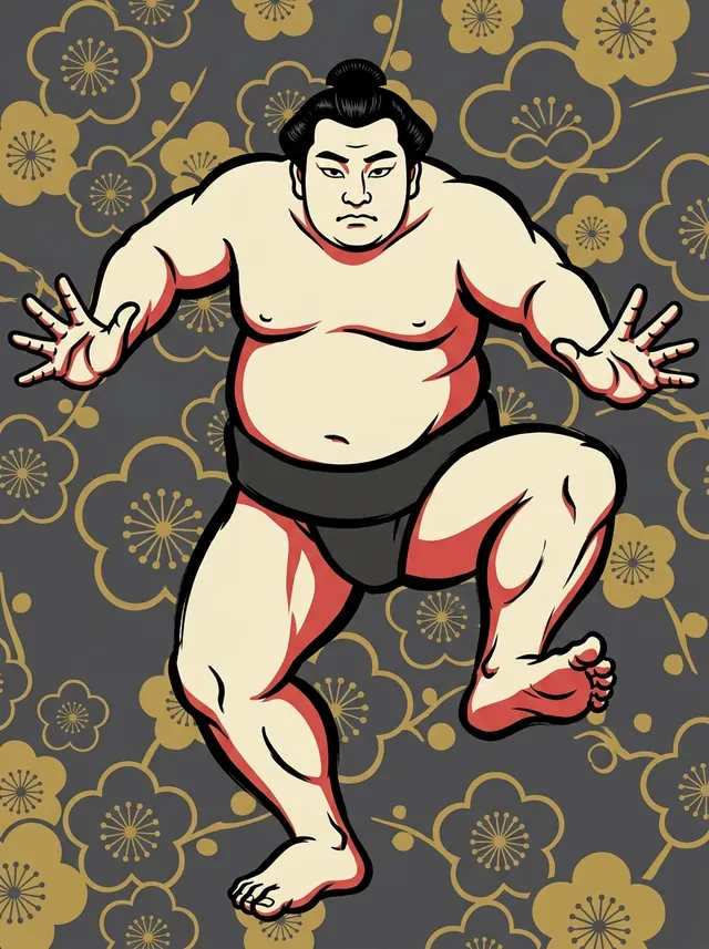 AI-generated illustration of a representative sumo wrestler. Not a photograph or a likeness of Genkai Momotaro.