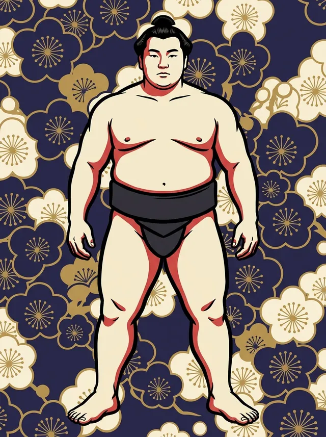 AI-generated illustration of a representative sumo wrestler. Not a photograph or a likeness of Ozutsu Takeshi.