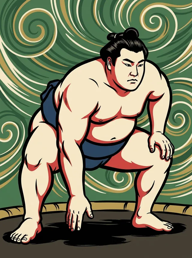 AI-generated illustration of a representative sumo wrestler. Not a photograph or a likeness of Kengaku Hiroshi.