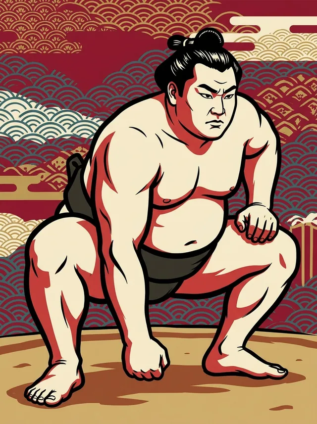 AI-generated illustration of a representative sumo wrestler. Not a photograph or a likeness of Hananoumi Ken.