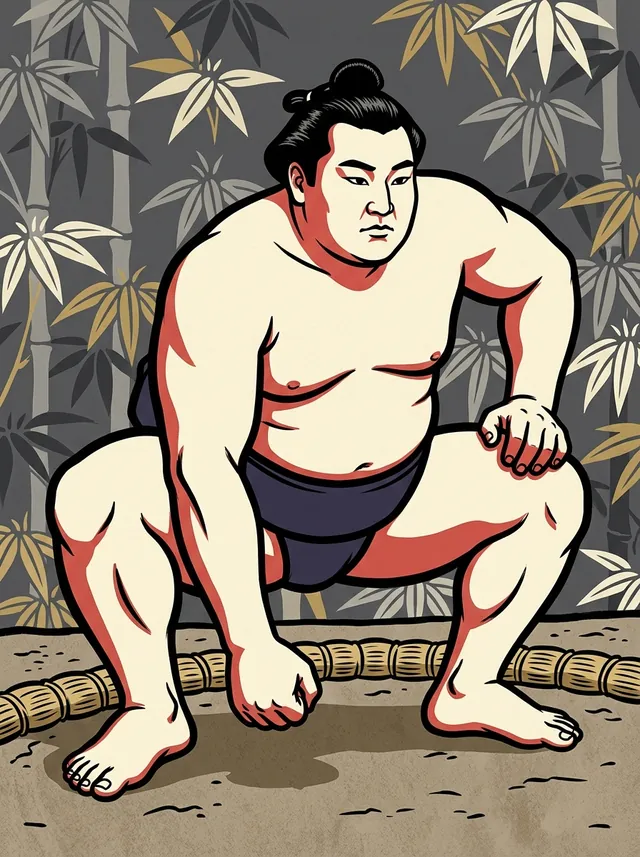 AI-generated illustration of a representative sumo wrestler. Not a photograph or a likeness of Asanosho Hajime.