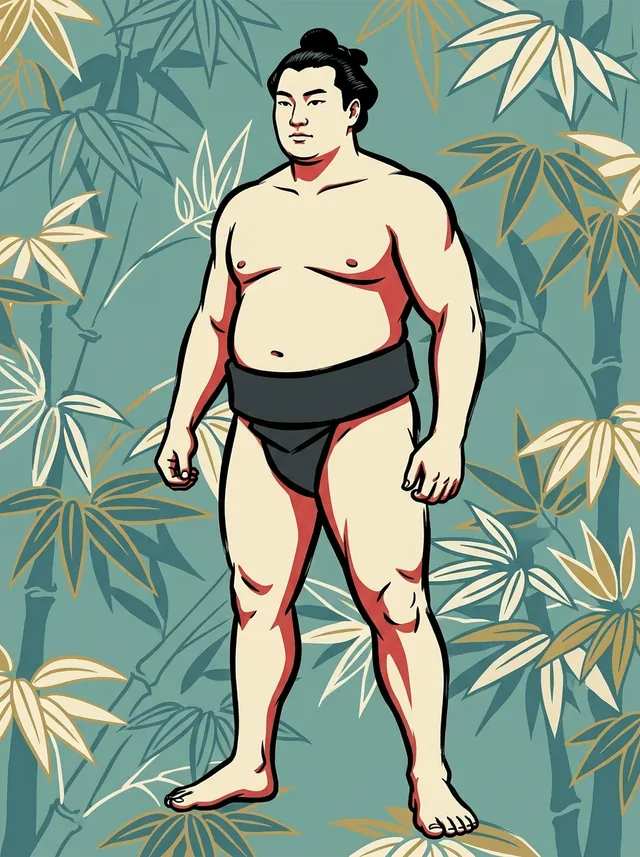 AI-generated illustration of a representative sumo wrestler. Not a photograph or a likeness of Rainomine Isuke.