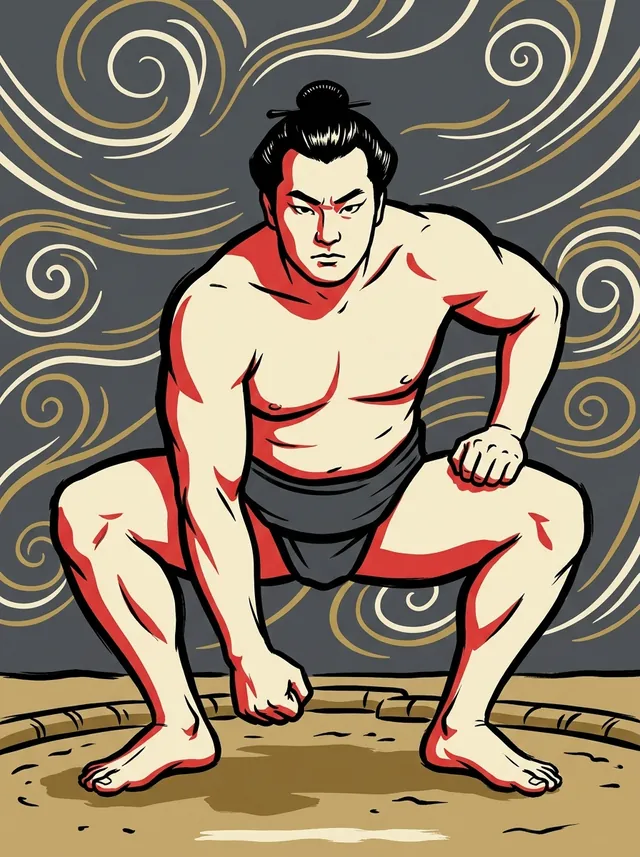 AI-generated illustration of a representative sumo wrestler. Not a photograph or a likeness of Manazuru Shugoro.