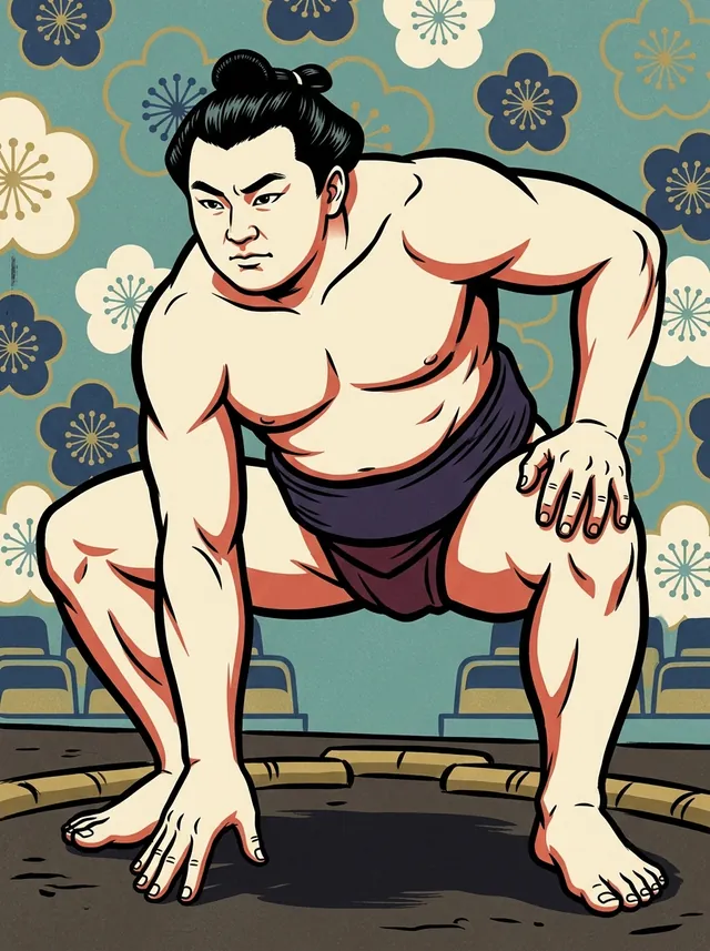 AI-generated illustration of a representative sumo wrestler. Not a photograph or a likeness of Ariake Goro.