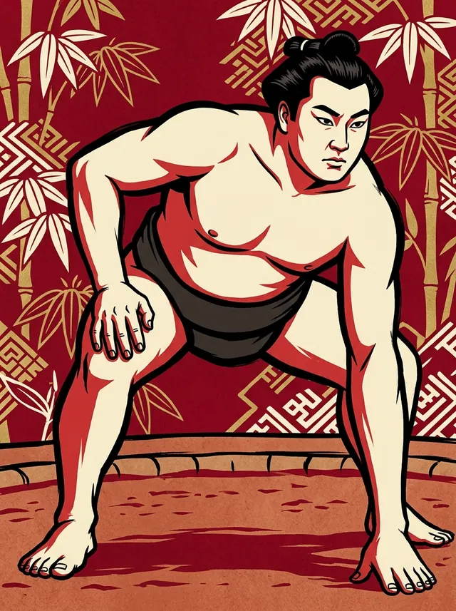 AI-generated illustration of a representative sumo wrestler. Not a photograph or a likeness of Hirosegawa Sokichi.
