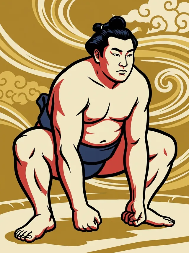 AI-generated illustration of a representative sumo wrestler. Not a photograph or a likeness of Akisegawa Denshiro.