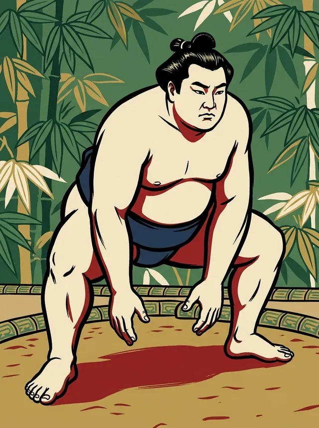 AI-generated illustration of a representative sumo wrestler. Not a photograph or a likeness of Hiodoshi Rikiya.