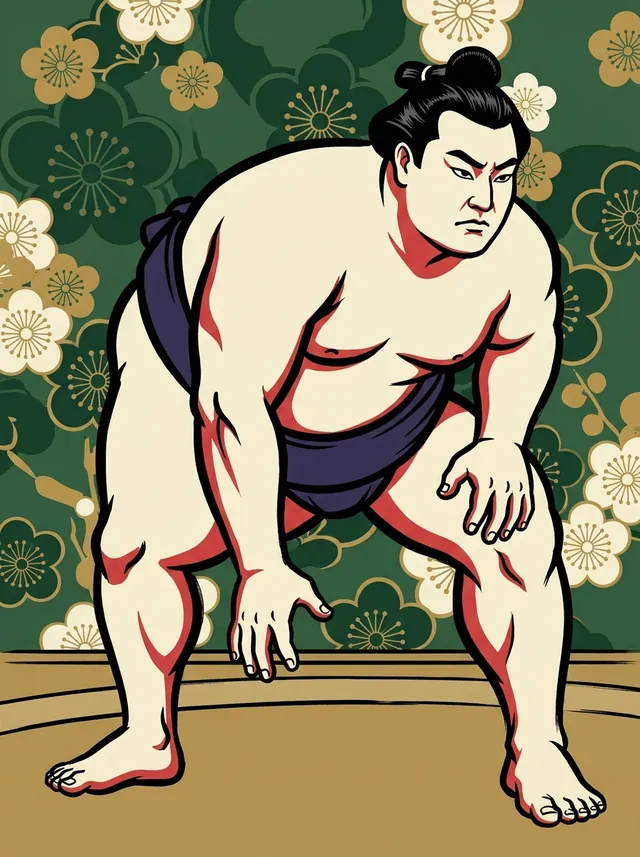 AI-generated illustration of a representative sumo wrestler. Not a photograph or a likeness of Tamanoumi Daitaro.