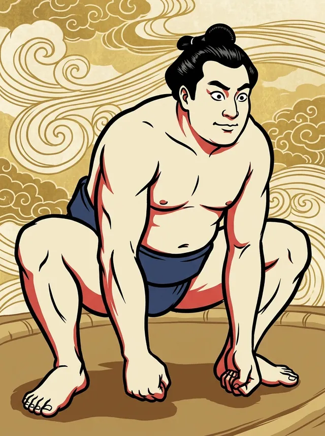 AI-generated illustration of a representative sumo wrestler. Not a photograph or a likeness of Maegashio Haruo.