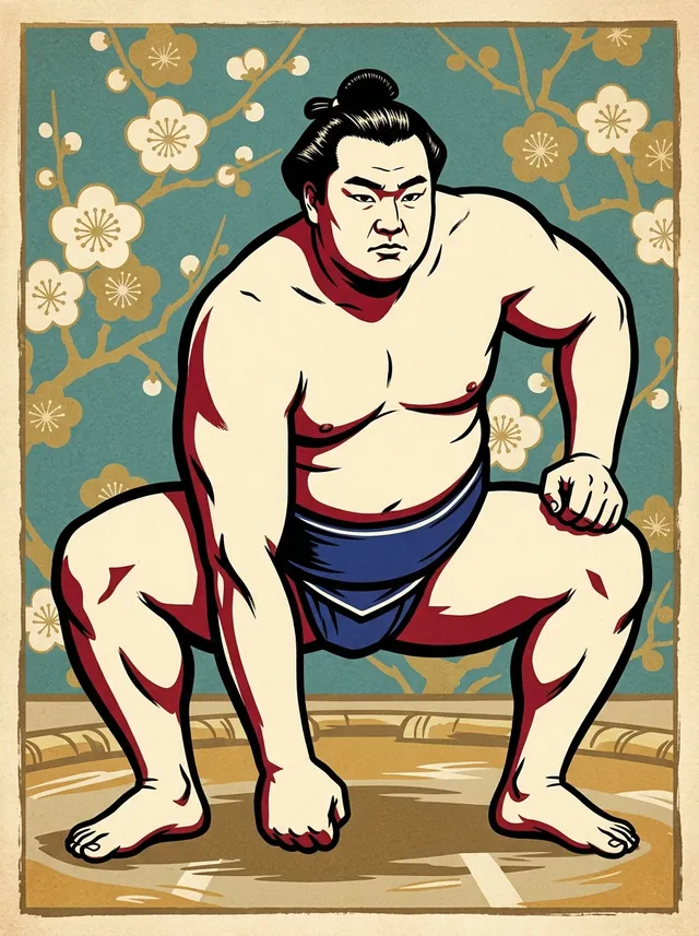 AI-generated illustration of a representative sumo wrestler. Not a photograph or a likeness of Aonosato Sakari.