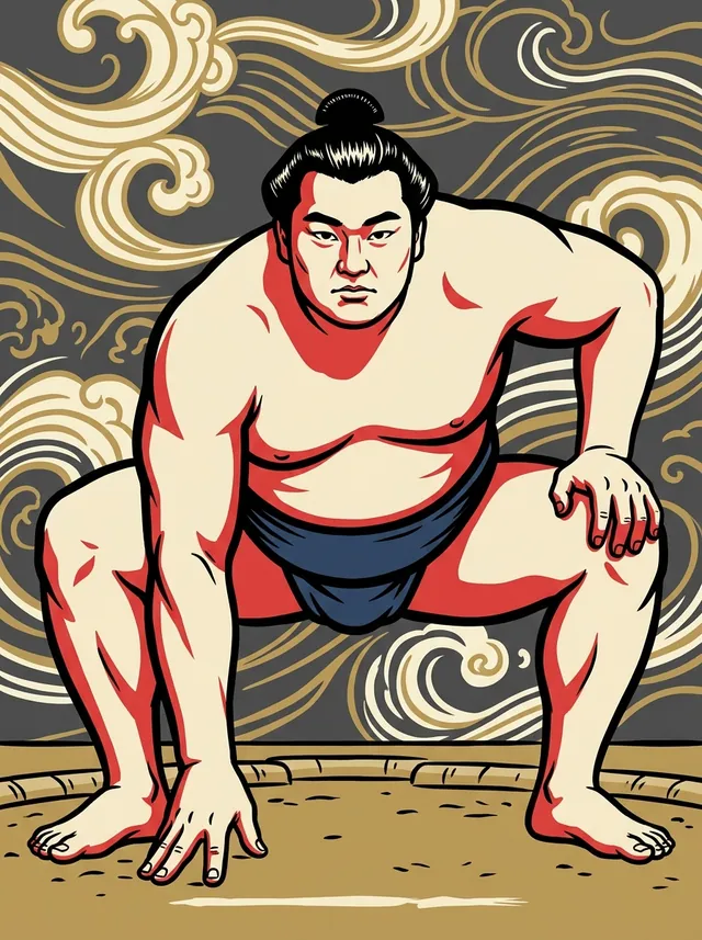 AI-generated illustration of a representative sumo wrestler. Not a photograph or a likeness of Kainoyama Isamu.