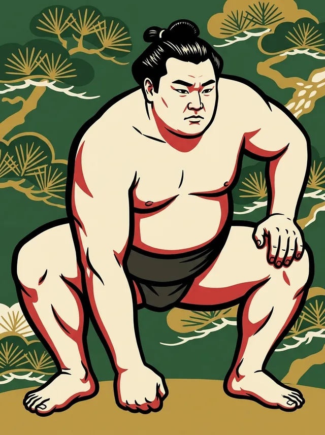 AI-generated illustration of a representative sumo wrestler. Not a photograph or a likeness of Daikirin Takayoshi.