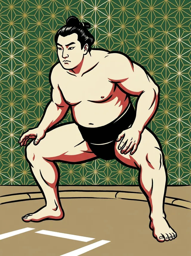 AI-generated illustration of a representative sumo wrestler. Not a photograph or a likeness of Daimonji Kenji.