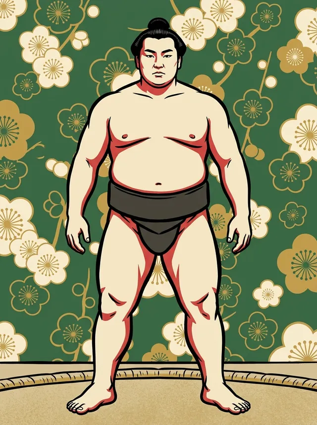 AI-generated illustration of a representative sumo wrestler. Not a photograph or a likeness of Kaiki Nobuhide.