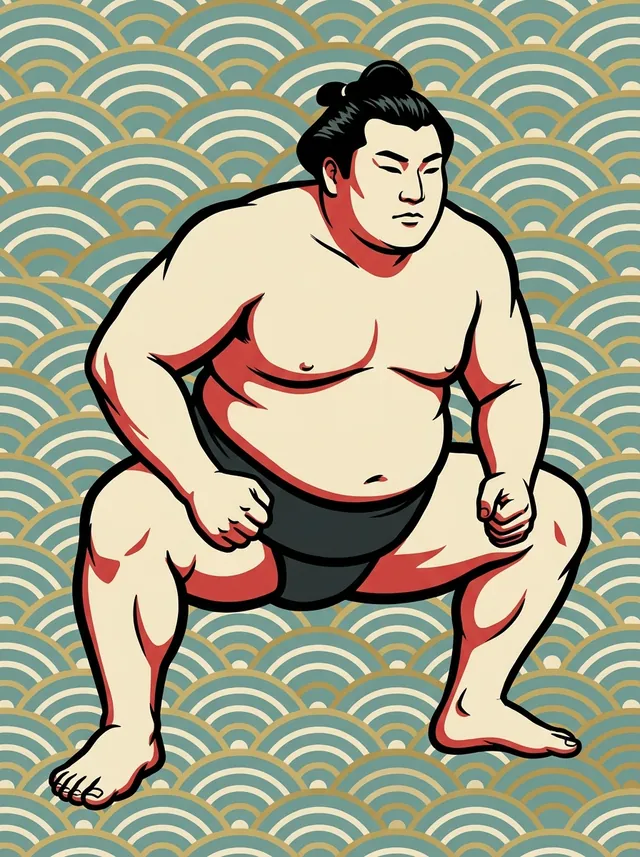 AI-generated illustration of a representative sumo wrestler. Not a photograph or a likeness of Iwashita Eiichi.