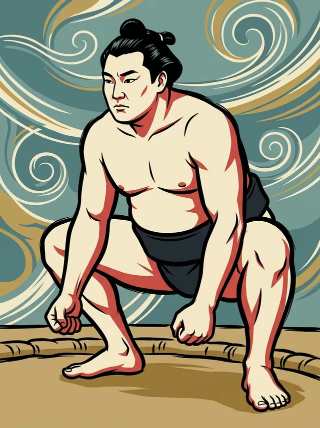 AI-generated illustration of a representative sumo wrestler. Not a photograph or a likeness of Kyushuumi Kiyoshi.