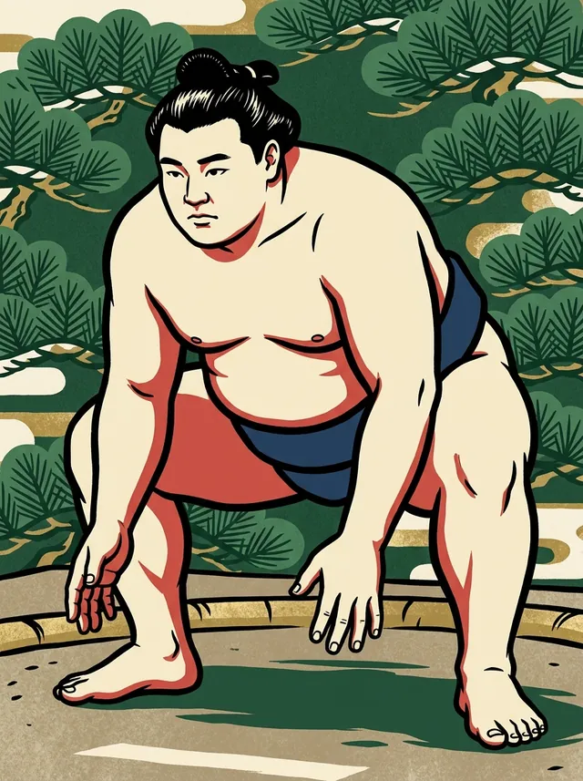 AI-generated illustration of a representative sumo wrestler. Not a photograph or a likeness of Terumiyama Hidemi.