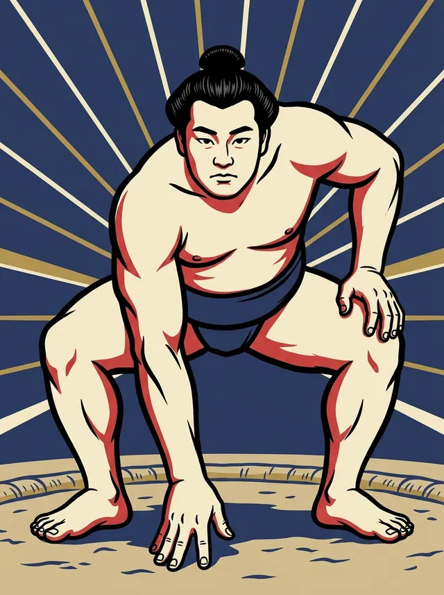 AI-generated illustration of a representative sumo wrestler. Not a photograph or a likeness of Kochi Tsuguo.