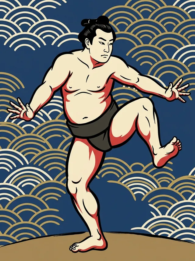 AI-generated illustration of a representative sumo wrestler. Not a photograph or a likeness of Oyazaki Takeo.