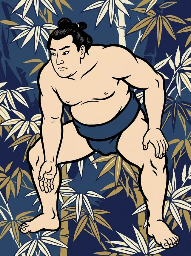 AI-generated illustration of a representative sumo wrestler. Not a photograph or a likeness of Naniwaryu Isao.