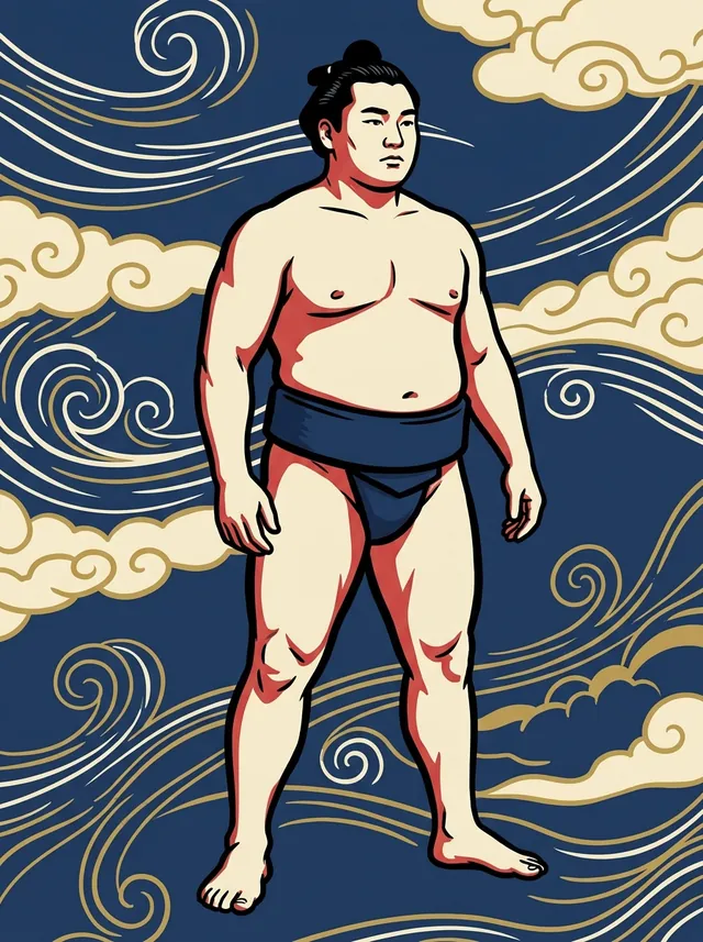 AI-generated illustration of a representative sumo wrestler. Not a photograph or a likeness of Jakuetsu Hideo.