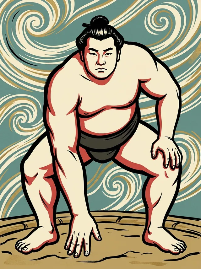 AI-generated illustration of a representative sumo wrestler. Not a photograph or a likeness of Kaio Hitoshi.