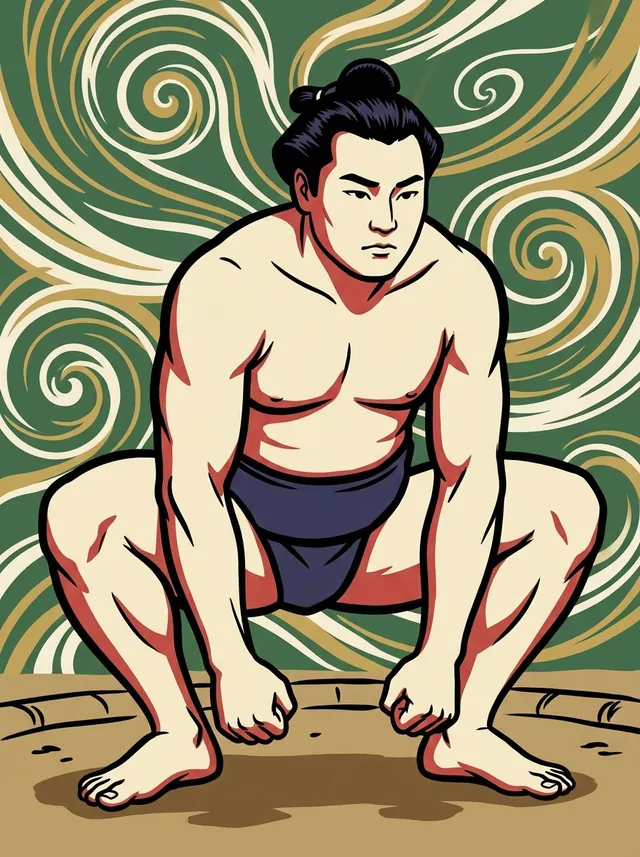 AI-generated illustration of a representative sumo wrestler. Not a photograph or a likeness of Ikushio Saemon.