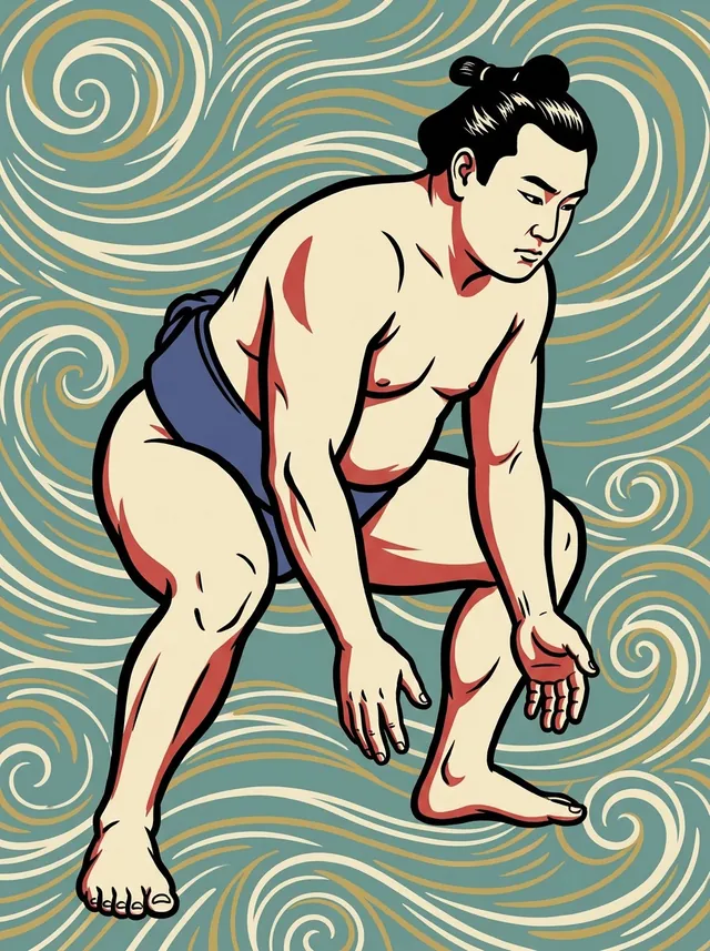 AI-generated illustration of a representative sumo wrestler. Not a photograph or a likeness of Oizumi Takashi.