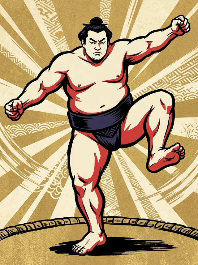 AI-generated illustration of a representative sumo wrestler. Not a photograph or a likeness of Daizen Takahiro.