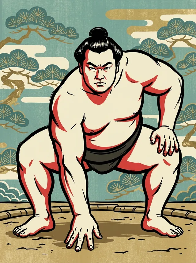 AI-generated illustration of a representative sumo wrestler. Not a photograph or a likeness of Okinoumi Ayumi.