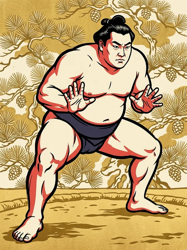 AI-generated illustration of a representative sumo wrestler. Not a photograph or a likeness of Shishi Masaru.