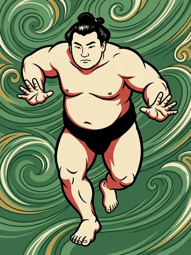 AI-generated illustration of a representative sumo wrestler. Not a photograph or a likeness of Takamishu Daikichi.