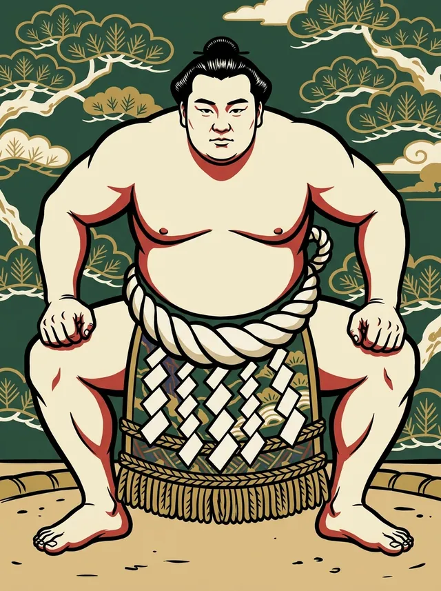 AI-generated illustration of a representative sumo wrestler. Not a photograph or a likeness of Takanohana Koji.