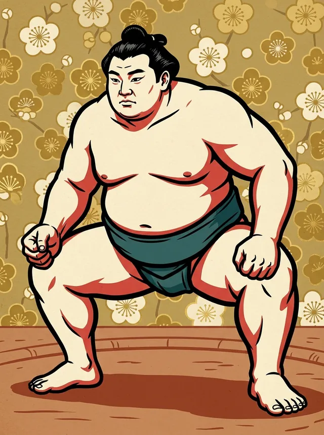 AI-generated illustration of a representative sumo wrestler. Not a photograph or a likeness of Takayasu Akira.