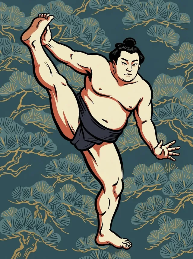 AI-generated illustration of a representative sumo wrestler. Not a photograph or a likeness of Yashinoshima.